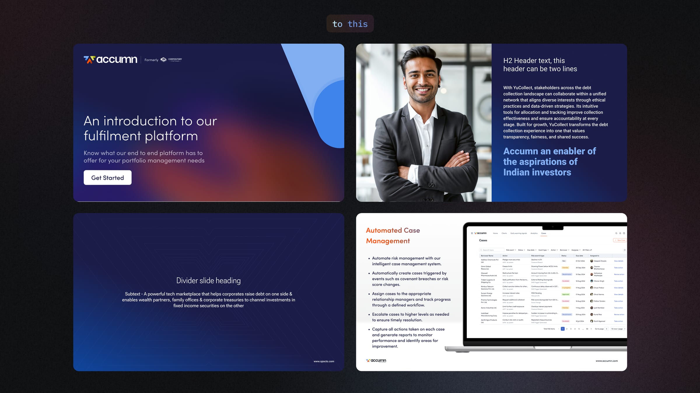 Redesigned Accumn sales presentation — visual storytelling slide
