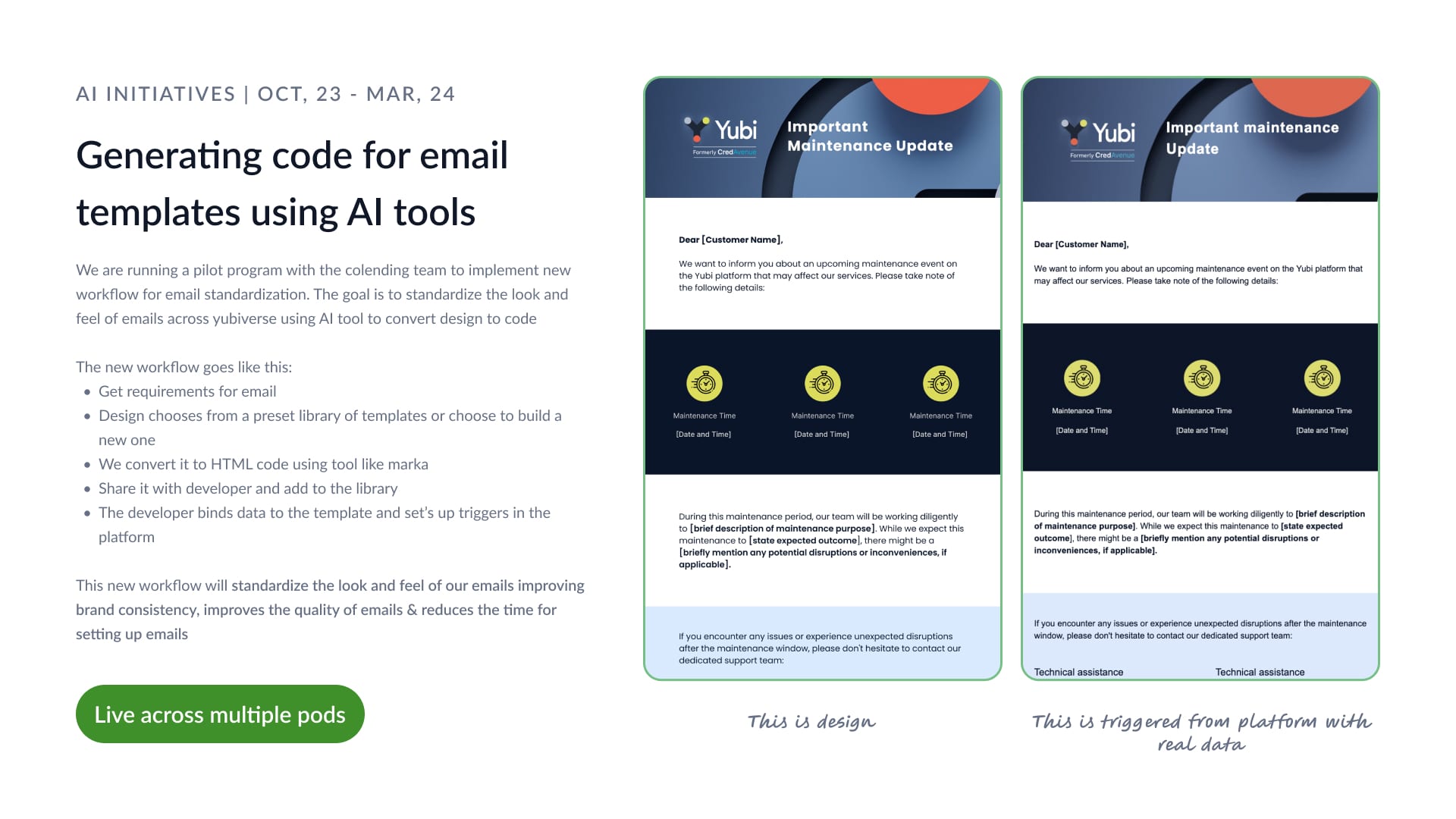 AI email template workflow — Figma design of a maintenance update email alongside the live version with real data triggered from the platform