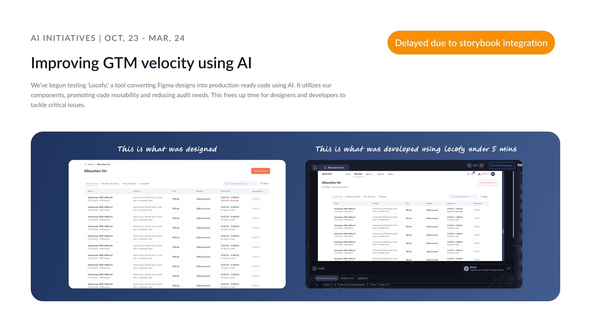 Improving GTM velocity using AI — side-by-side comparison of a Figma design and the Locofy-generated production code output, both showing an Allocation List screen