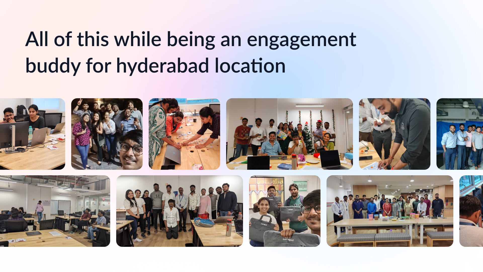 Team photos from Yubi Hyderabad — workshops, activities, group sessions, and team events throughout 2023-24
