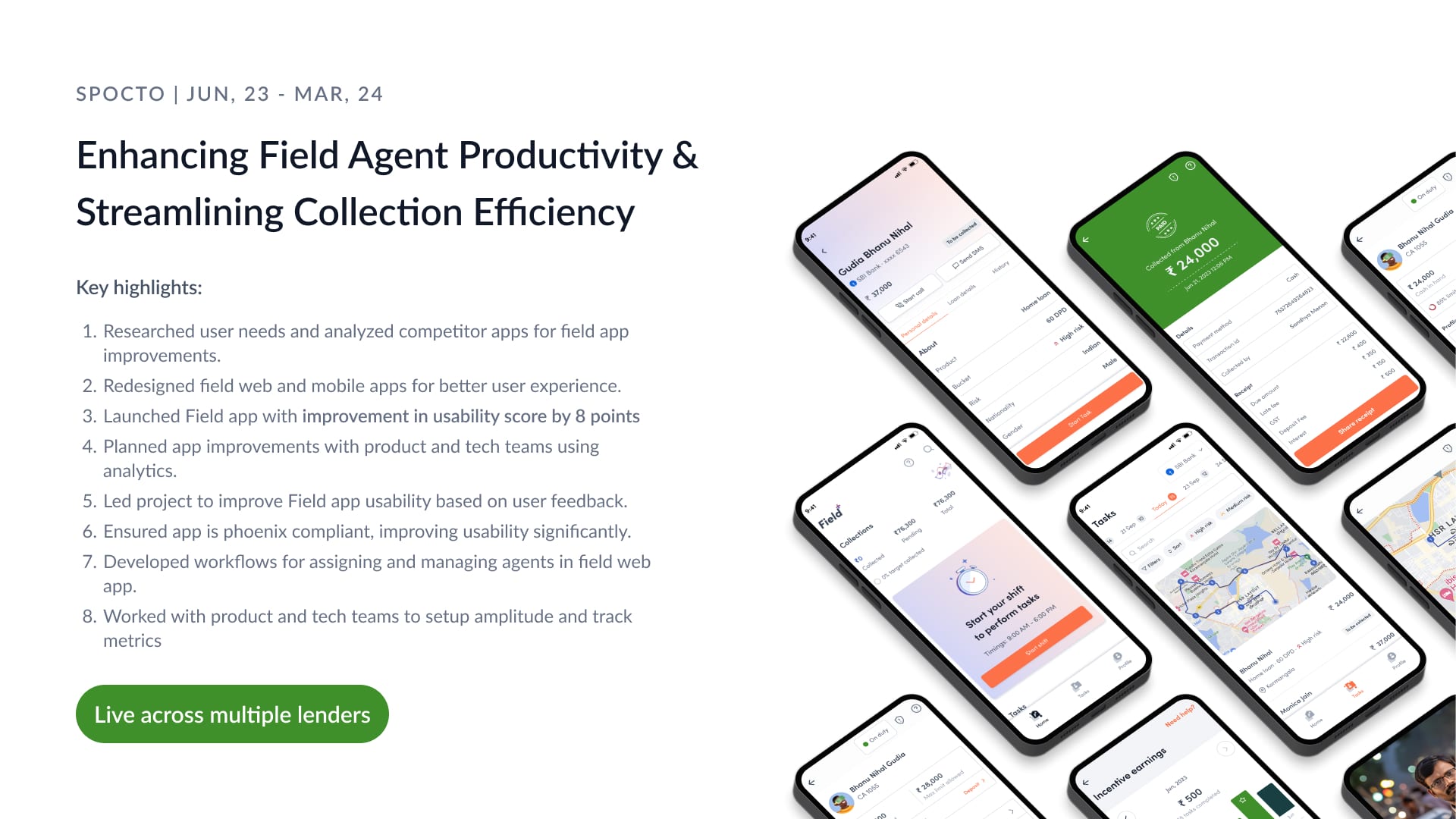 Redesigned field agent collection mobile app — multiple screens showing the new UI live across lenders