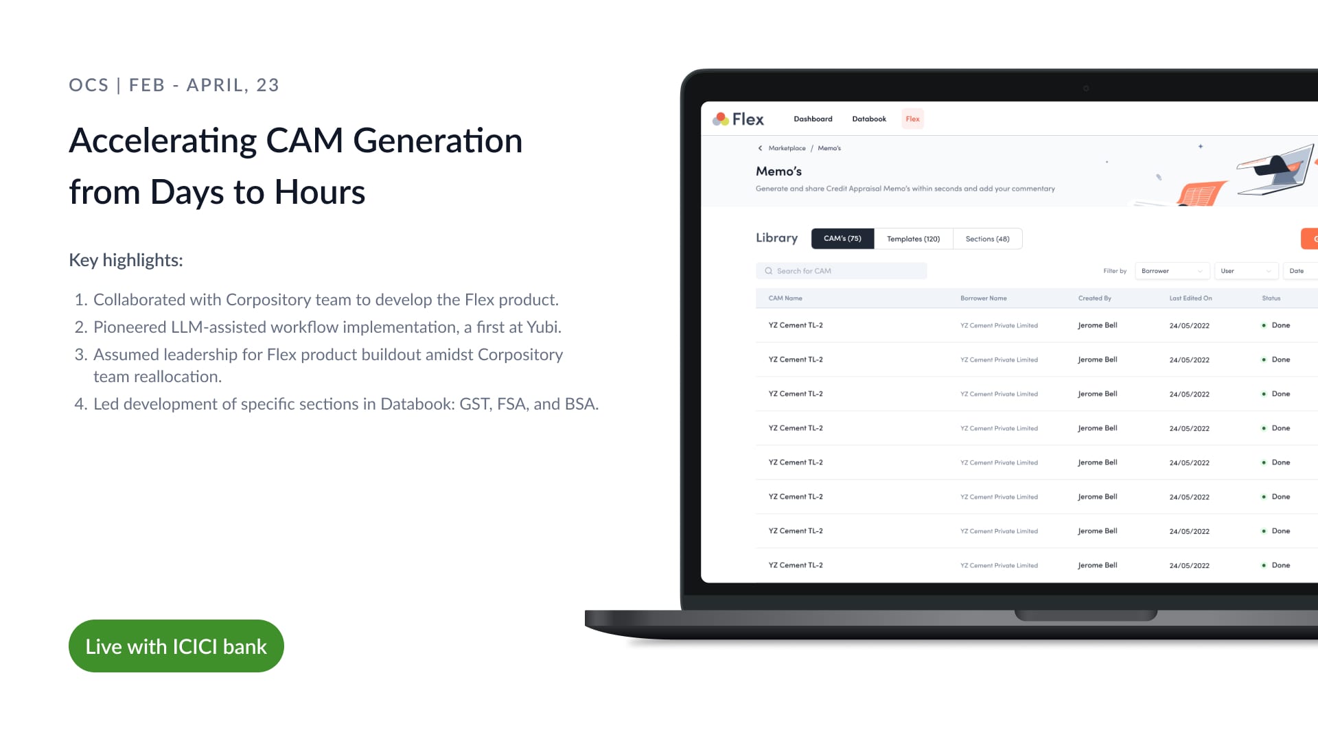 Flex CAM generation platform — library view showing CAMs, templates, and sections with borrower name and status columns