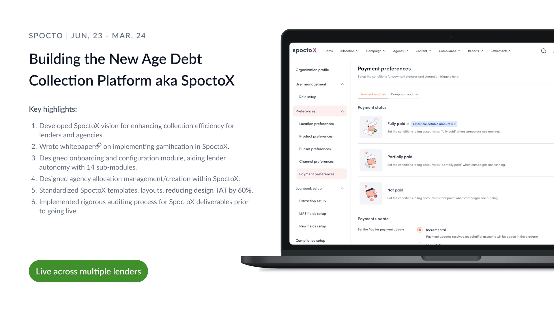 SpoctoX platform — payment preferences configuration screen showing lender autonomy in setting fully paid, partially paid, and not paid conditions