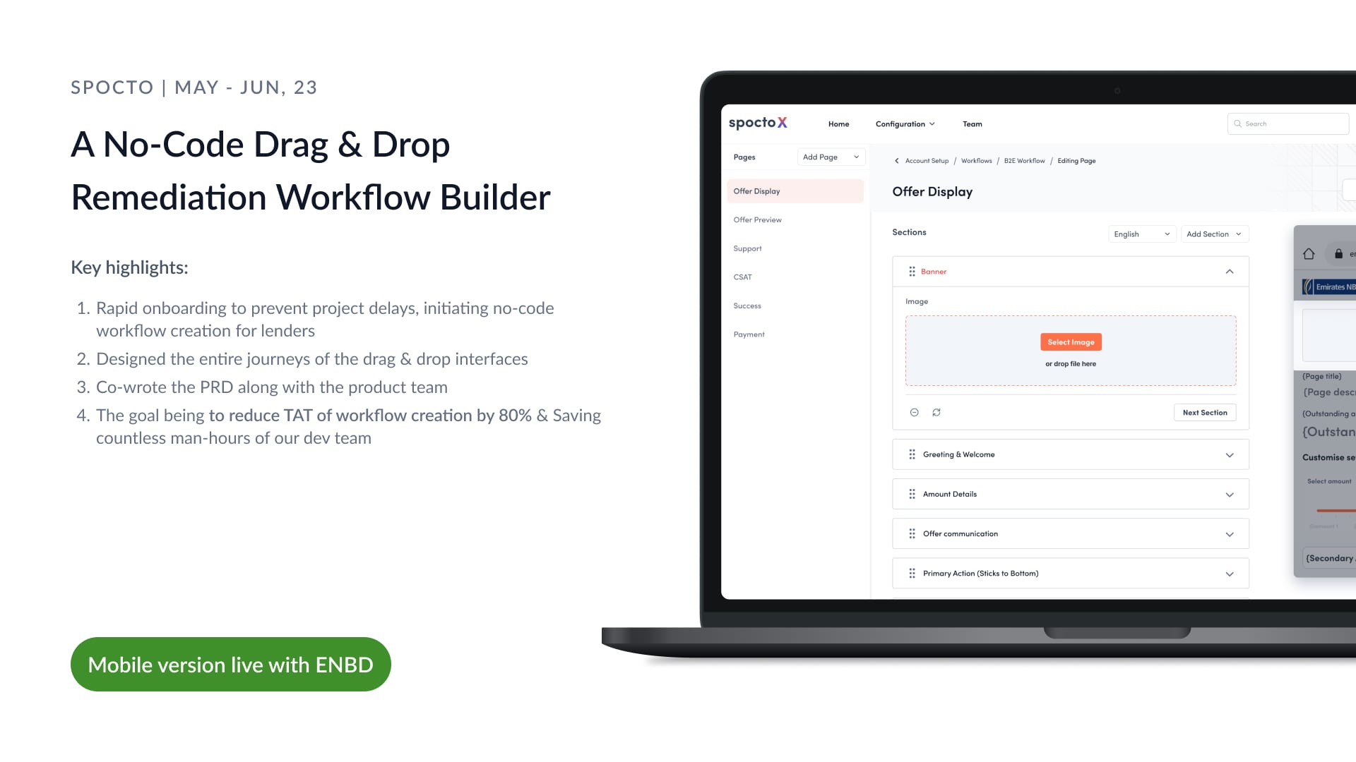 No-code drag-and-drop remediation workflow builder interface — showing the page builder with offer display configuration